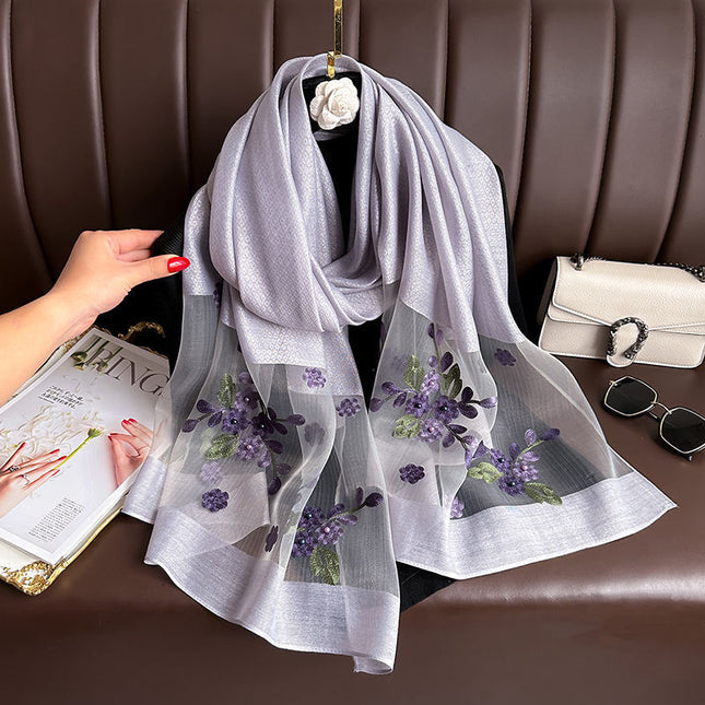 Light gray Elegant Embroidered Begonia Flower Long Scarf for V888-ELOSUNG48752