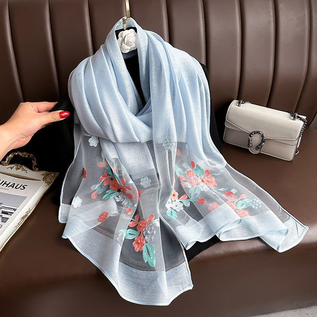 Light blue Elegant Embroidered Begonia Flower Long Scarf for V888-ELOSUNG48753
