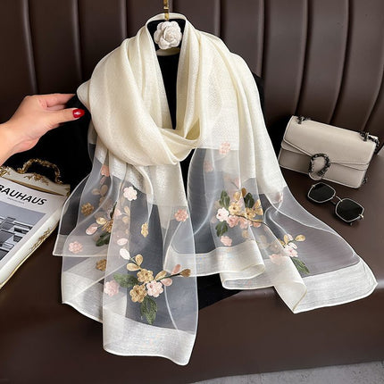 Beige Elegant Embroidered Begonia Flower Long Scarf for Women - Beaded Faux Silk Shawl with Floral Design, Lightweight Sunscreen Wrap for Spring Autumn Daily Wear