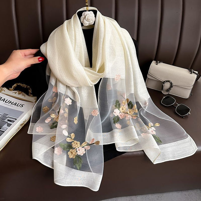 Beige Elegant Embroidered Begonia Flower Long Scarf for V888-ELOSUNG48754
