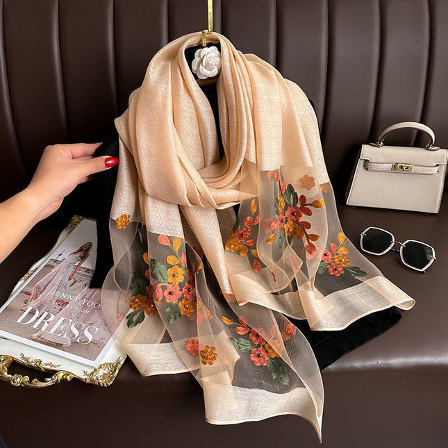 Khaki Elegant Embroidered Begonia Flower Long Scarf for V888-ELOSUNG48755