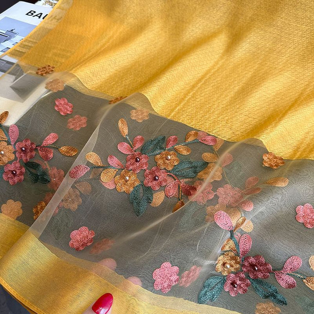 Khaki Elegant Embroidered Begonia Flower Long Scarf for – product detail
