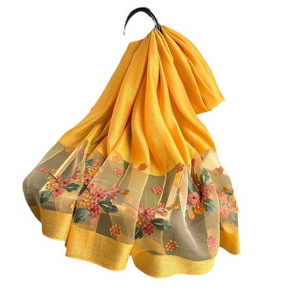 Khaki Elegant Embroidered Begonia Flower Long Scarf for Women - Beaded Faux Silk Shawl with Floral Design, Lightweight Sunscreen Wrap for Spring Autumn Daily Wear