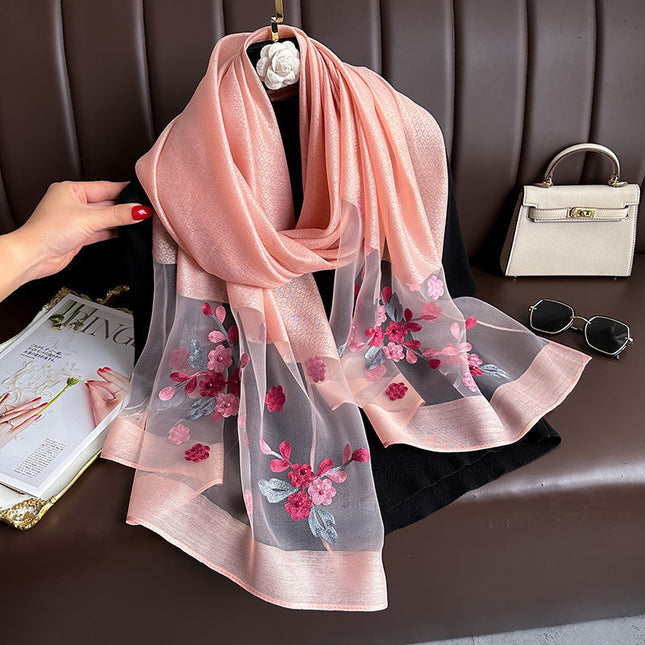 Pink Elegant Embroidered Begonia Flower Long Scarf for V888-ELOSUNG48757