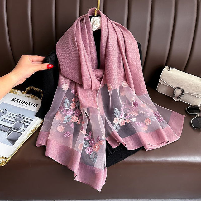 Dark Pink Elegant Embroidered Begonia Flower Long Scarf for V888-ELOSUNG48758