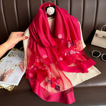 Wine red Elegant Embroidered Begonia Flower Long Scarf for Women - Beaded Faux Silk Shawl with Floral Design, Lightweight Sunscreen Wrap for Spring Autumn Daily Wear