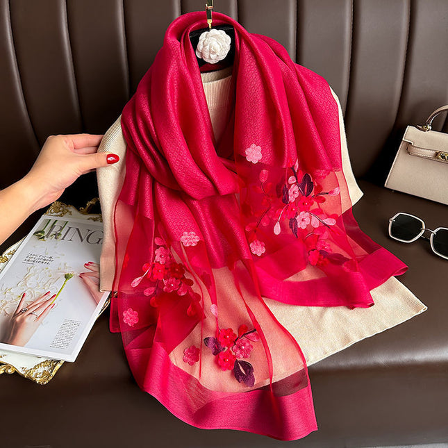 Wine red Elegant Embroidered Begonia Flower Long Scarf for V888-ELOSUNG48759