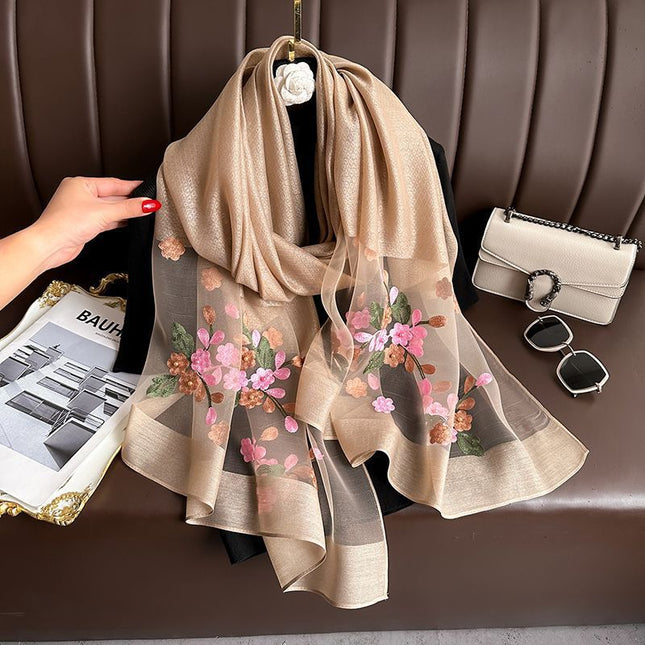 Camel color Elegant Embroidered Begonia Flower Long Scarf for V888-ELOSUNG48761