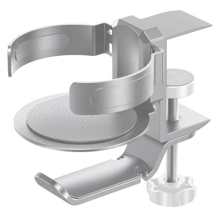 Silver 2-in-1 Rotating Headphone and Cup Holder - No-Drill Aluminum Alloy Desk Clamp Mount for Over-Ear Headsets and Beverages - Space-Saving Organizer for Home Office and Gaming Setup