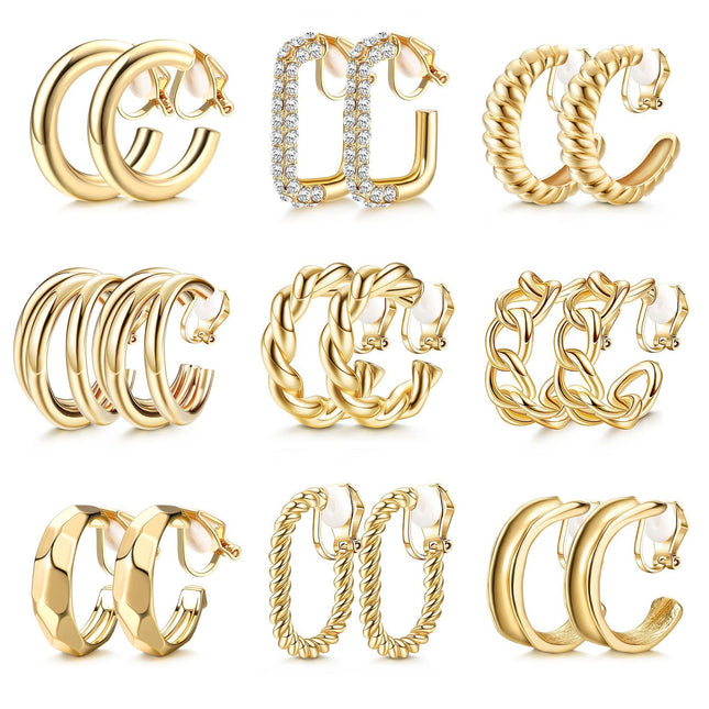 9 Pairs Geometric C-Shaped Non-Pierced Ear Clips Minimalist Hollow Electroplated Alloy Ear Cuffs Painless