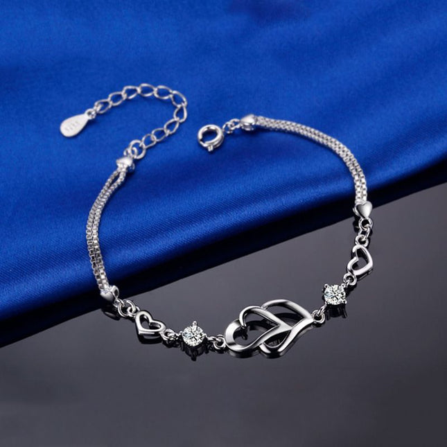 Heart-to-Heart Silver Plated Bracelet with Sparkling Rhinestones Elegant Romantic Jewelry for Women (3A