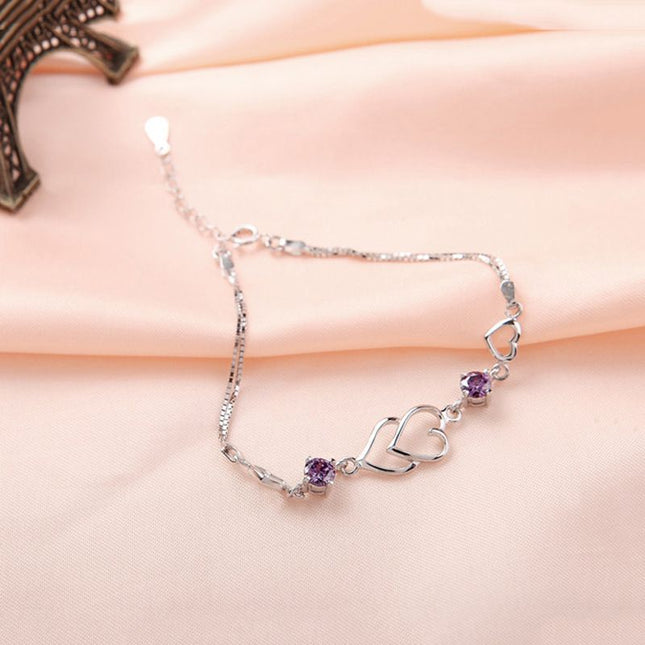 Heart-to-Heart Silver Plated Bracelet with Sparkling Rhinestones Elegant Romantic Jewelry for Women (3A