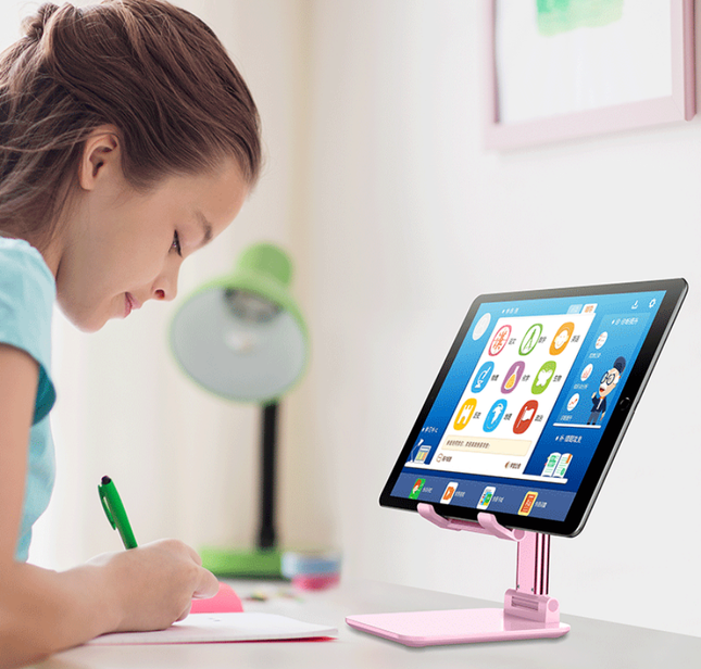 Pink Adjustable Desktop Phone Stand with Height Extension and Foldable Design for Online Classes – product detail
