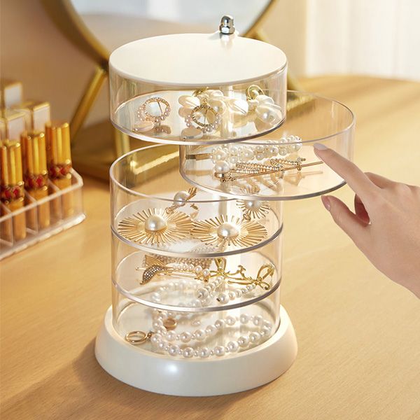 Rotating Jewelry Storage Box Transparent Multi-Compartment Design for Earrings and Hair Accessories (Five