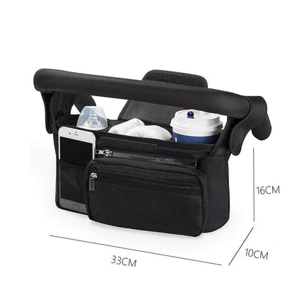 Black Universal Stroller Organizer Bag - Durable Water-Resistant Fabric - Dual Insulated Cup Holders, Large Capacity Storage Caddy for Diapers and Essentials, Fits Most Prams, Travel Friendly Solution
