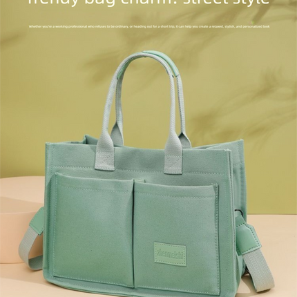 Khaki Large Canvas Tote Bag for Women - Multi-Pocket Utility Organiser with Wide Adjustable Shoulder Strap - Trendy Crossbody and Handheld Bag for Work, Shopping and Travel - Daily Comfort Solution