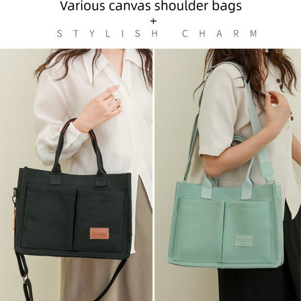 Khaki Large Canvas Tote Bag for Women - Multi-Pocket Utility Organiser with Wide Adjustable Shoulder Strap - Trendy Crossbody and Handheld Bag for Work, Shopping and Travel - Daily Comfort Solution