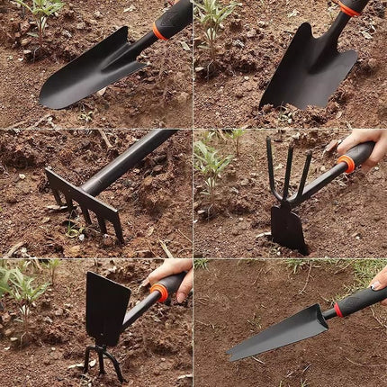 4-Piece Garden Hand Tool Set - Heavy Duty Steel with Ergonomic Non-Slip Grips - Includes Trowel, Transplanter, 5-Prong Rake and Dual-Purpose Hoe for Weeding, Planting and Shell Digging