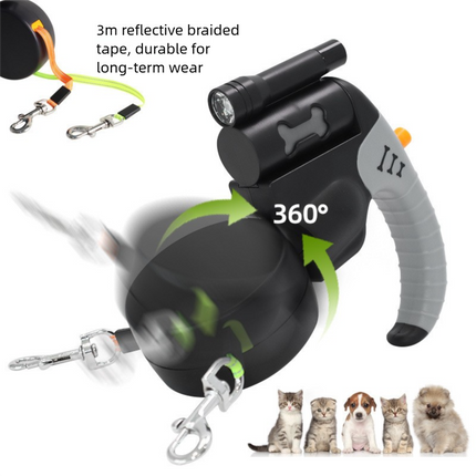 Black Dual Retractable Dog Leash - Tangle-Free 360 Degree Rotation - Built-in LED Flashlight, Individual Brake and Lock System for Two Dogs, Safety for Night Walking and Outdoor Training