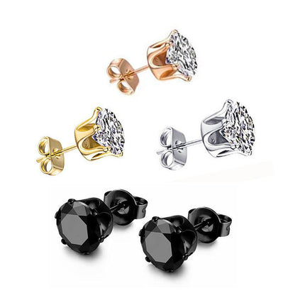 6-Pair Black Stainless Steel Stud Earring Set - Classic 6-Prong Crown Setting with Sparkling Round Cubic Zirconia in Multiple Sizes - Durable Skin-Friendly Jewelry for Daily Wear and Stacking