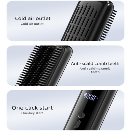 Yellow Wireless Rechargeable Hair Straightener Brush with LCD Display - USB-C Fast Charging, 3 Heat Settings, Cool Air Function - Portable Ceramic Heating Comb for Travel and Home Use