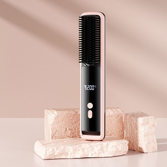 Pink Wireless Rechargeable Hair Straightener Brush with LCD V888-ELOSUNG48977