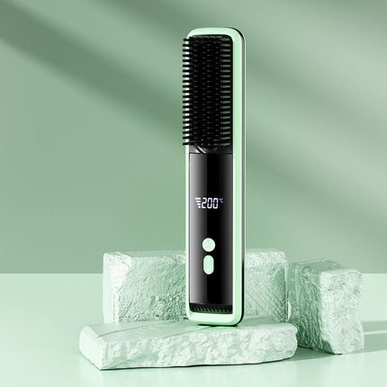 Green Wireless Rechargeable Hair Straightener Brush with LCD Display - USB-C Fast Charging, 3 Heat Settings, Cool Air Function - Portable Ceramic Heating Comb for Travel and Home Use