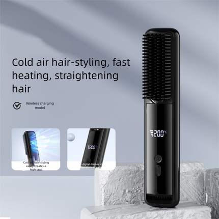 Green Wireless Rechargeable Hair Straightener Brush with LCD Display - USB-C Fast Charging, 3 Heat Settings, Cool Air Function - Portable Ceramic Heating Comb for Travel and Home Use