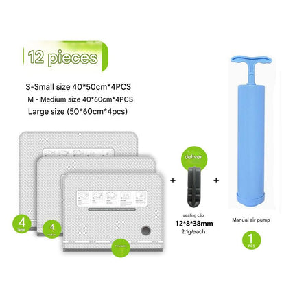 Twelve Vacuum Storage Bags Set with Hand Pump - Space Saving Compression Bags for Travel & Wardrobe Organization