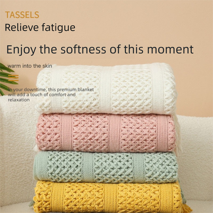 Mint green Elegant Openwork Knitted Throw Blanket with Tassels - 127x180cm Large Decorative Soft Sofa Blanket for Living Room & Bedroom - Breathable Cozy Cover for Travel & Office Nap