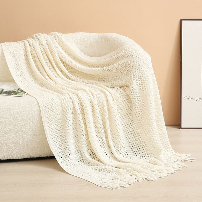 Beige Elegant Openwork Knitted Throw Blanket with V888-ELOSUNG48998
