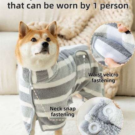 Grey Stripes Super Absorbent Pet Bathrobe with Waist Belt & Neck Snap - Full Coverage Quick-Drying Towel for Dogs & Cats (M Size)