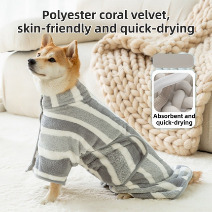 Grey Stripes Super Absorbent Pet Bathrobe with Waist Belt & Neck Snap - Full Coverage Quick-Drying Towel for Dogs & Cats (XL Size)