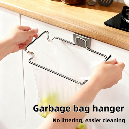 Stainless Steel Over-Cabinet Trash Bag Holder with Curved Ear Hook  - Heavy Duty Hanging Waste Bag Support for Home & Office