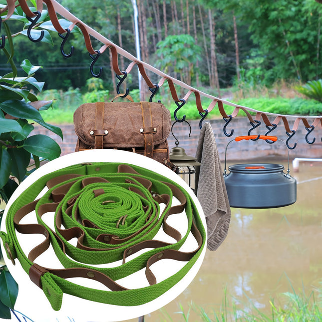 Green and Brown 5.3M Heavy Duty PU Leather Camping Lanyard with 19 Carabiners