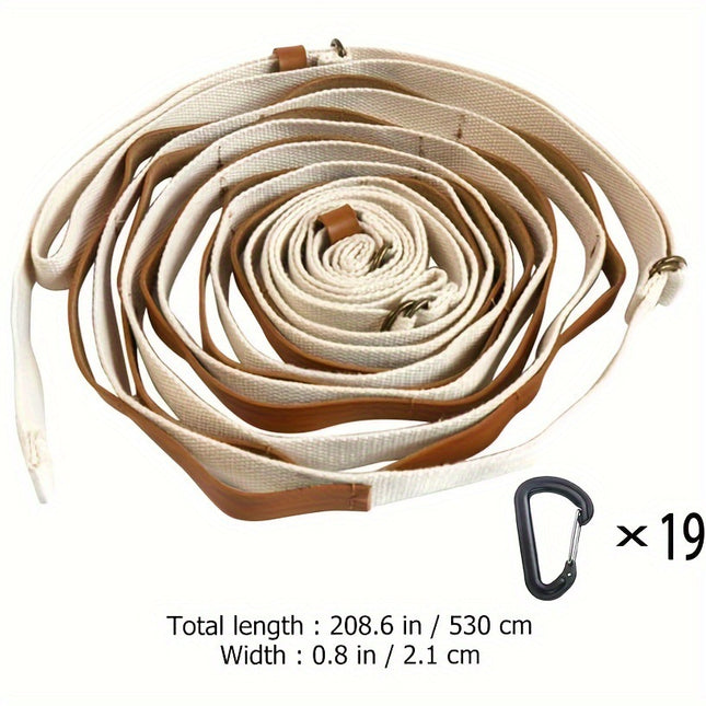 Khaki 5.3M Heavy Duty PU Leather Camping Lanyard with 19 Carabiners