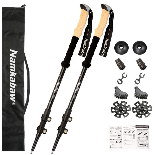 2-Pack Black Aluminum Alloy Telescopic Trekking Poles with Secure External Lock & Accessory