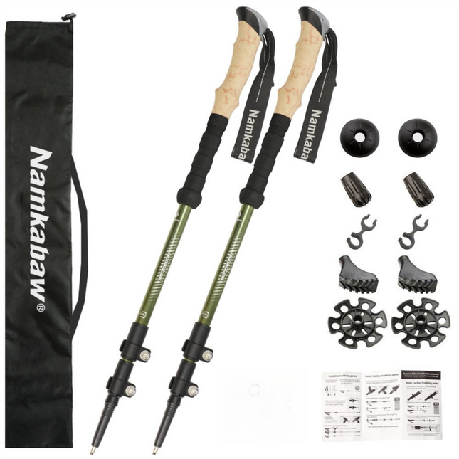 2-Pack Green Aluminum Alloy Telescopic Trekking Poles with Secure External Lock & Accessory