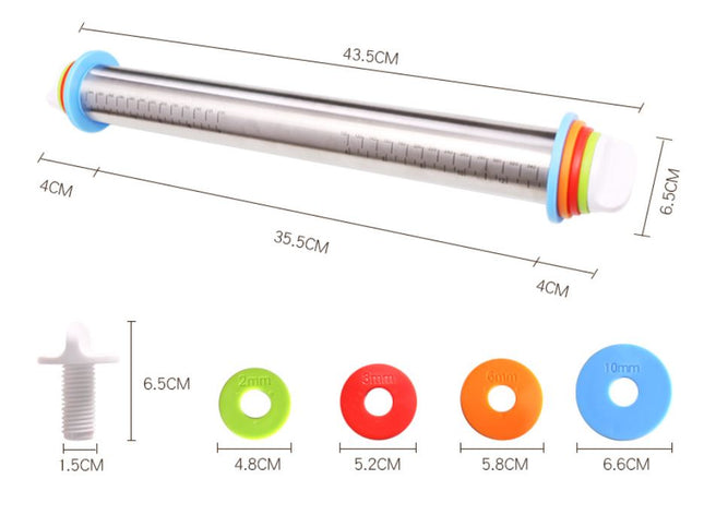 Adjustable Stainless Steel Rolling Pin with 4 Precise Thickness Rings & Clear Measurement Markings – product detail