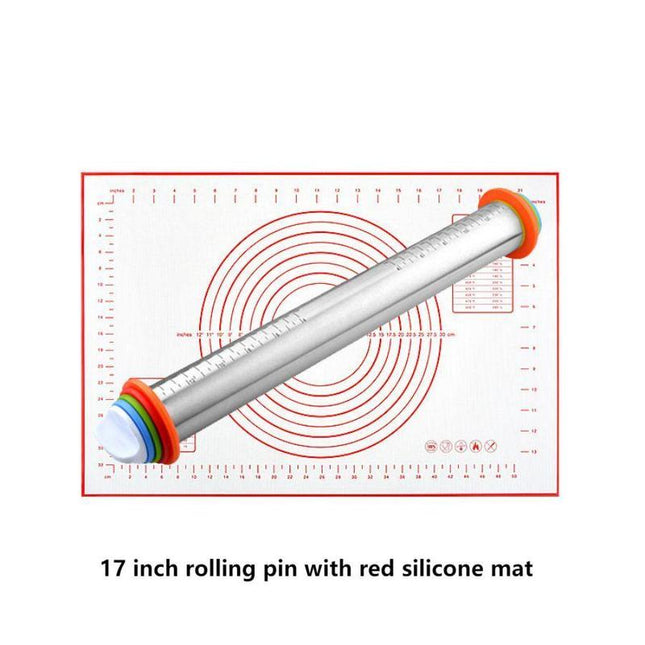 Adjustable Stainless Steel Rolling Pin Plus 40 x 60 CM Red Non-Stick Silicone Pastry Mat with 4 Precise