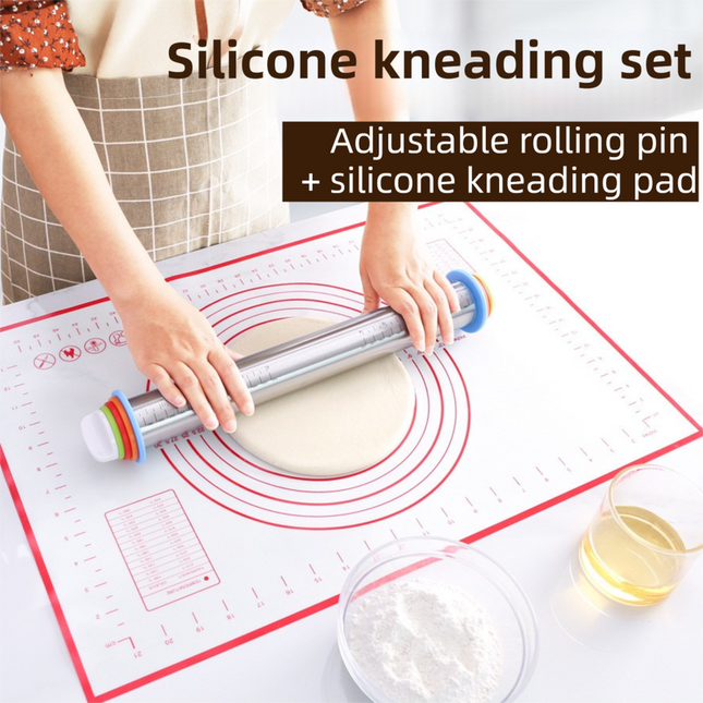 Adjustable Stainless Steel Rolling Pin Plus 40 x 60 CM Red Non-Stick Silicone Pastry Mat with 4 Precise – product detail