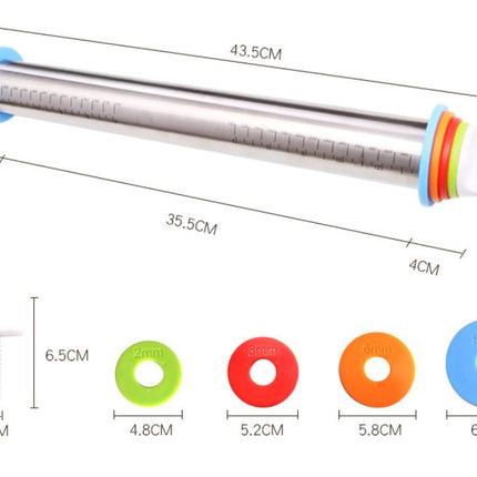 Adjustable Stainless Steel Rolling Pin + 40 x 60 CM Red Non-Stick Silicone Pastry Mat with 4 Precise Thickness Rings & Clear Measurement Markings