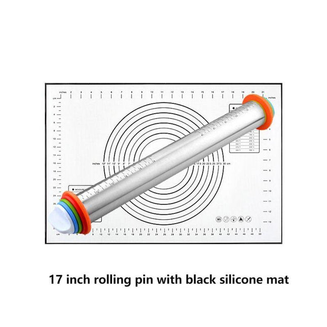 Adjustable Stainless Steel Rolling Pin Plus 40 x 60 CM Black Non-Stick Silicone Pastry Mat with 4 Precise