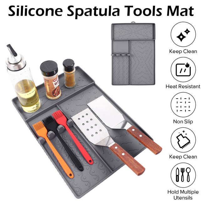 Grey Heavy-Duty Silicone Griddle Tool Mat Integrated Tool & Bottle Slots