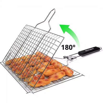 180° Foldable Stainless Steel BBQ Grilling Net Basket with Storage Bag & Secure Lock - Fish, Chicken Wings & Vegetable Barbecue Mesh Clip