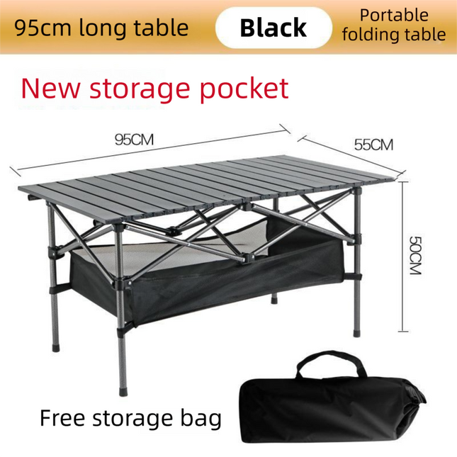 95CM Black Portable Folding Egg Roll Camping Table with Storage Bag & Mesh Net- Heavy-Duty Carbon Steel