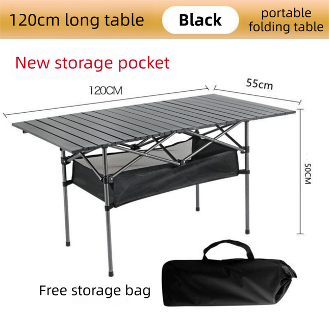 120CM Black Portable Folding Egg Roll Camping Table with Storage Bag & Mesh Net- Heavy-Duty Carbon Steel