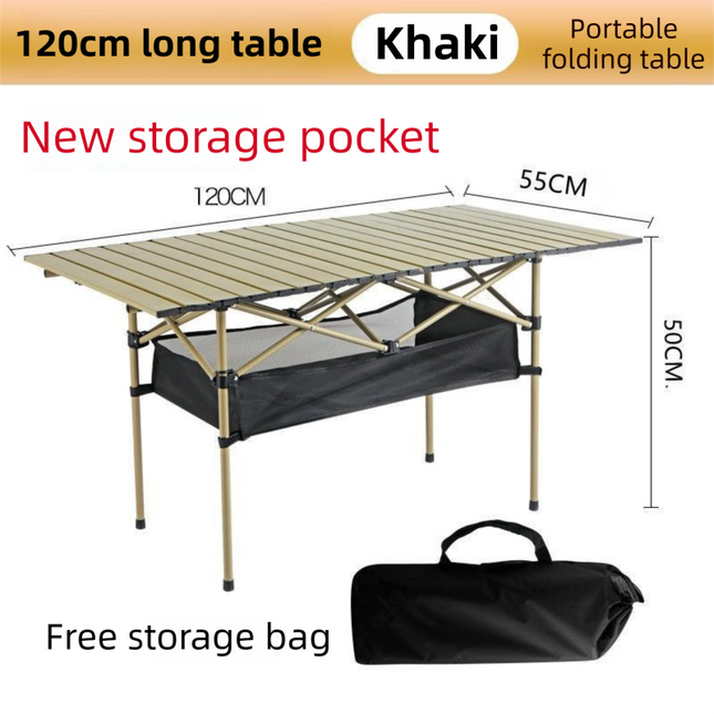 120CM Khaki Portable Folding Egg Roll Camping Table with Storage Bag & Mesh Net- Heavy-Duty Carbon Steel