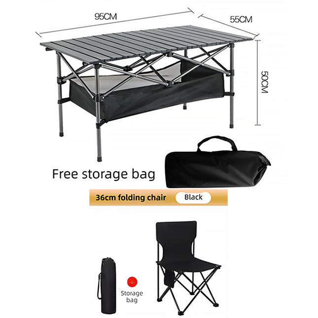 95CM Black Portable Folding Egg Roll Camping Table Plus 4-Pack 36CM Chairs with Storage Bag