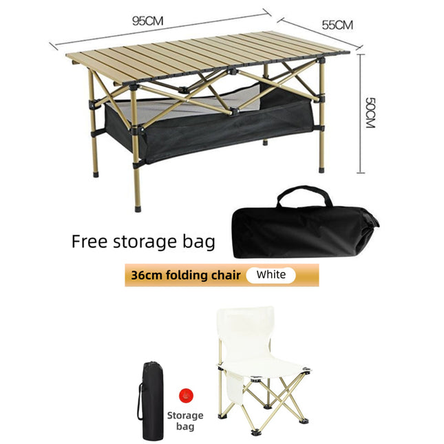 95CM Khaki Portable Folding Egg Roll Camping Table Plus 4-Pack 36CM Chairs with Storage Bag